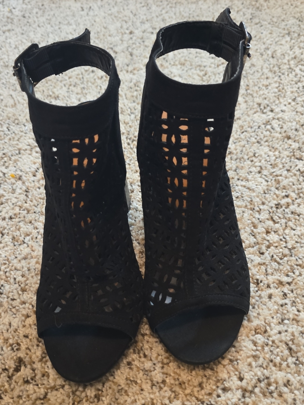 Madden Girl Women's Size 7.5 Brushed Black Laser-Cut Peep-Toe Ankle Booties